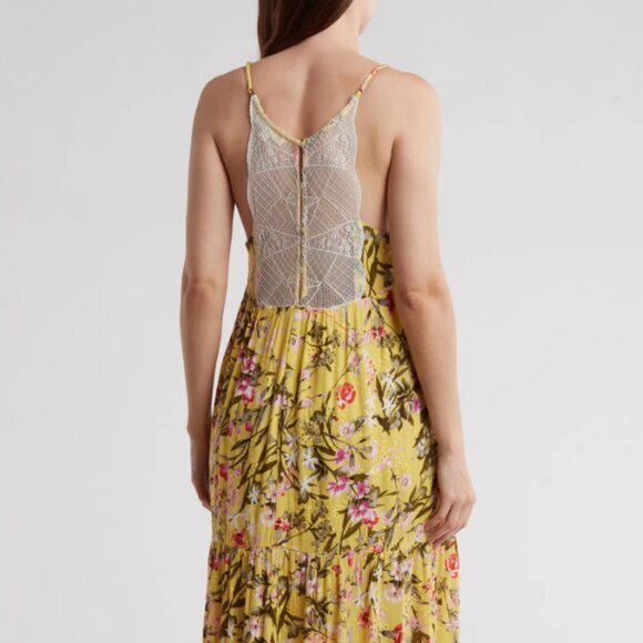 NWT Lovestitch Women's Floral Tiered Slip Maxi Dress Yellow/White Lace Back Sz S - Picture 9 of 9